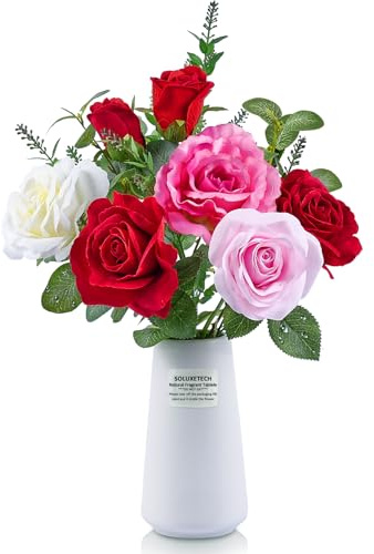 soluxetech Artificial Roses with Flowers Scent Tablets with White Ceramic Basin Red White Pink Lifelike Faux Roses Fake Flowers for Wedding Party Festivals Home and Office Indoor Outdoor Decor