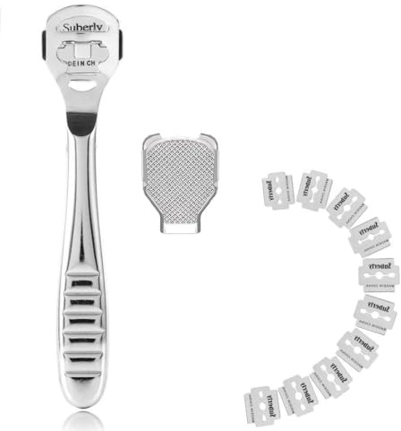 Raspador de callos de acero inoxidable, raspador para el cuidado de los pies de 15 cm con 10 cuchillas de repuesto, eliminador de callos profesional para el cuidado de los pies pedicura
