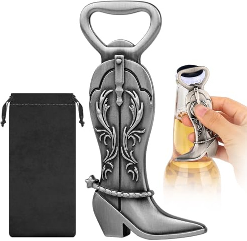LKKCHER Décapsuleur en forme de bottes de cowboy pour femme - Décapsuleur - Décoration de cowboy - Cadeau d'anniversaire pour femme - Argenté