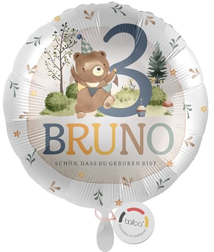 balloa Personalisierter Ballon XXL mit Namen, Geschenk zum 3. Geburtstag, Teddybär Namensballon für Kindergeburtstag, Helium geeignet Luftballon, Partydeko Junge Mädchen, Geburtstagsdekoration, 53cm