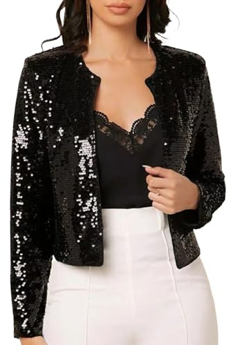 Fjquamitix Women's Elegant Sequin Jacket, Long Sleeve Open Front Glitter Short Cardigan, Sparkly Shrug UK for Wedding Guest, Parties & Casual Wear (UK, Alpha, S, Regular, Regular)