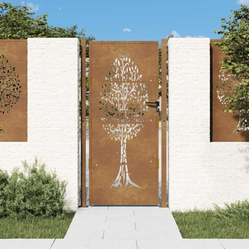Portail de Jardin, 105x205 cm en Acier Corten, Motif Arbre Découpé Laser, Portillon de Jardin Verrouillable, pour Clôture de Jardin et Terrasse, Couleur Rouille, avec Poteaux et Matériel de Montage
