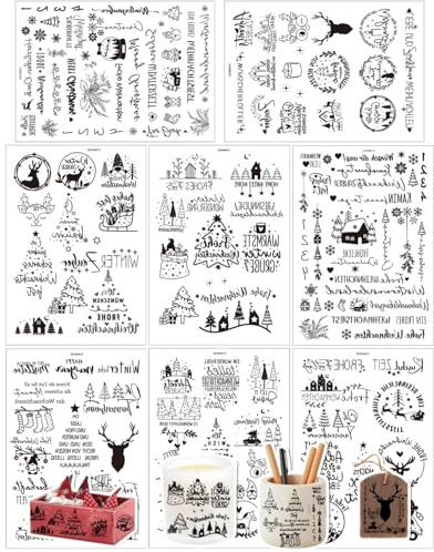 HUVZOR 8 Stück Silikon Stempel Weihnachten Klare Frohe Weihnachten Set Deutsche Sprüche Weihnachtsgrüße Clear Stamps für Kartenherstellung DIY Geschenk Scrapbooking(Schwarz)