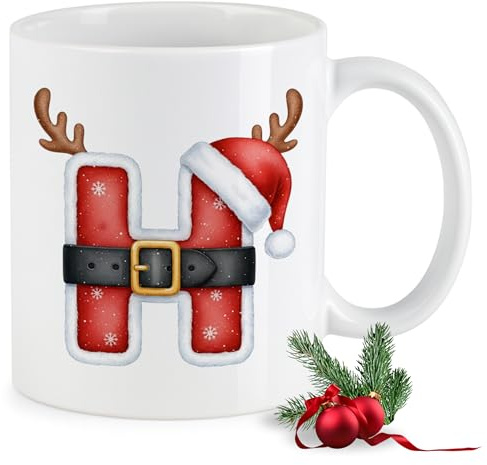 GRAZDesign Weihnachtstasse Buchstabe H Keramikbecher mit Initial im Weihnachtsmann Design – Monogramm Tasse mit Rentiergeweih & Nikolausmütze