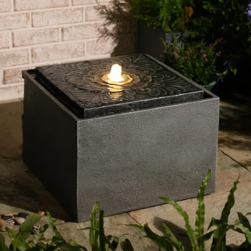 Sunlinua Outdoor-Quadrat-Gartenbrunnen in Grau mit LED-Beleuchtung und elektrischer Wasserpumpe, dekorativer Brunnen für Innen- und Außenbereich, geeignet für Hinterhöfe, Gärten und Terrassen 28cm H