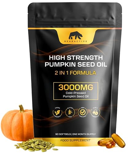 Bearactive Pumpkin Seed Oil Capsules 2-in-1 Formula – 3000mg High Strength Cold Pressed Pumpkin Seed Oil – Omega 3 6 9 Capsules Supplement – Prostate & Bladder Support – 90 Softgels