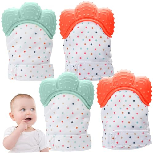 2 Pairs Teething Mittens, Adjustable Food Grade Silicone Baby Teething Mitten Built-in Phonic Membranc, Sensory Stimulating Glove for 3-6 Months Baby