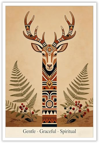 Bohemian Spiritual Deer Totem Decor - Ethnic Patterned Antler Art with Fern & Berry Accents for Gentle Graceful Home Wall Decor 12X18 in Unframed
