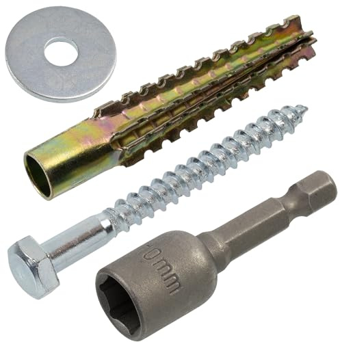 AERZETIX - Kit de 15 chevilles à expansion métalliques crantées Ø8x60 mm couleur doré + 15 vis tirefond Ø6x60 mm filetage partiel + 15 rondelles larges pour boulon M6 + embout à 6 pans creux SW10