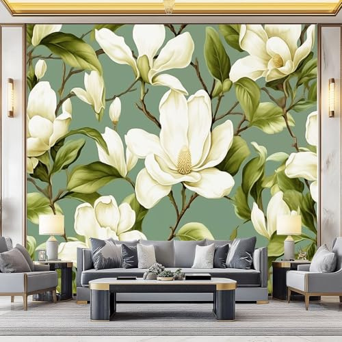 Générique Vert Papier Peint Panoramique 250 x 175 cm（WxH - Décoration Murale Rétro Floral Magnolia Tapisserie Murales Papier Peint Intissé pour Chambre Salon