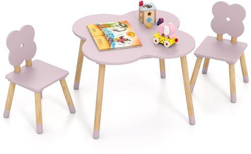 COSTWAY Mesa y Sillas Infantil en Forma de Flor, Mesa de Actividades de Madera con 2 Sillas, Patas de Madera de Pino Macizo, Mueble Multifuncional para Niños de 3+ Años (Rosa)