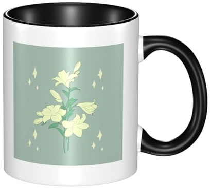 SMAZDFXX Cartoon White Lilies Printed Ceramic Black Mug with Curved Handle, Suitable for Office and Everyday Drinking.