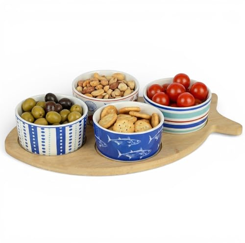 MIJOMA Tapas Servierset aus Porzellan & Holz – 5-teiliges Snack & Antipasti Set mit Fisch Servierbrett – Maritimes Design – L 28,5 cm