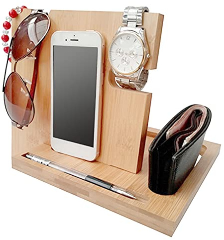 CHEOTIME Docking station per telefono in legno per uomo, comodino, organizer da scrivania, idea per anniversario da moglie, regali di compleanno per papà, portafoglio,
