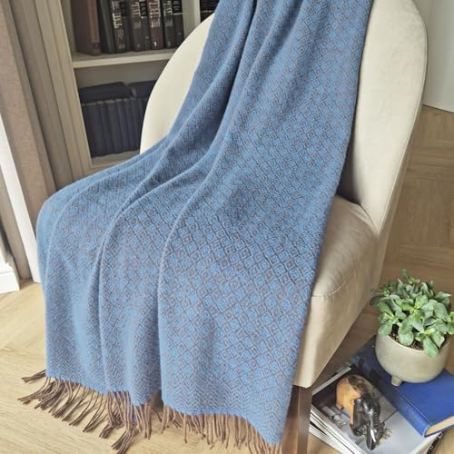Linen & Cotton Luxus Stilvolle Decke, Tagesdecke, Wolldecke Paris, 100% Neuseelandwolle - Braun Blau, 140 x 200 cm