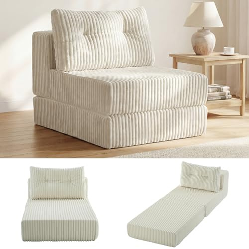 ROCSUMOO Faltbares Schlafsofa Bed, Verstellbarer Schlafsessel mit Rückenstütze und Kissen, Bequemes Klappbar Bodensofa, Tragbarer 3-in-1-Klappstuhl für Wohnzimmer Schlafzimmer (Beige, Einzelplatz)