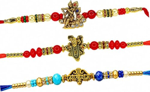 MANUSHYA LIFE Set Of 3 Designer Rakhi Set for Brother | Premium Spiritual Rakhi Combo with Krishna, Jaganath Ji & Jai Shree Ram Design | Traditional Handmade Rakhi for Raksha Bandhan