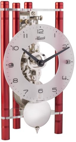 Hermle Orologio da tavolo a scheletro con colonne in alluminio anodizzato – Triangolo 23025-360721, quadrante arabo, vetro rosso, fabbrica nichelata, 19,5 cm x 11 cm x 9 cm