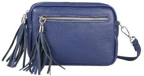 OBC Made in Italy Damen Leder Tasche Umhängetasche Schultertasche Beuteltasche Cross-Over Cross Bag Glattleder Schmucktasche Fransen Ledertasche (Dunkelblau)