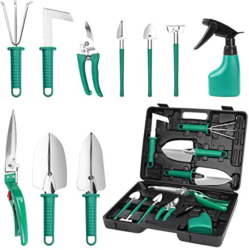 GIOVARA 10 Pezzi Set Attrezzi da Giardino con Custodia Include Trapiantatrice, Rastrello, Cesoie, Cesoie per Erba, Pale e Flacone Spray, Set Regalo da Giardino