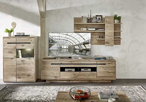BELLANO Wohnwand Set Viking Eiche Optik Graphit 332 x 186 x 44 cm (B/H/T) | Schrankwand mit LED-Beleuchtung, Griffausfräsungen und viel Stauraum, für das Wohnzimmer geeignet, Set