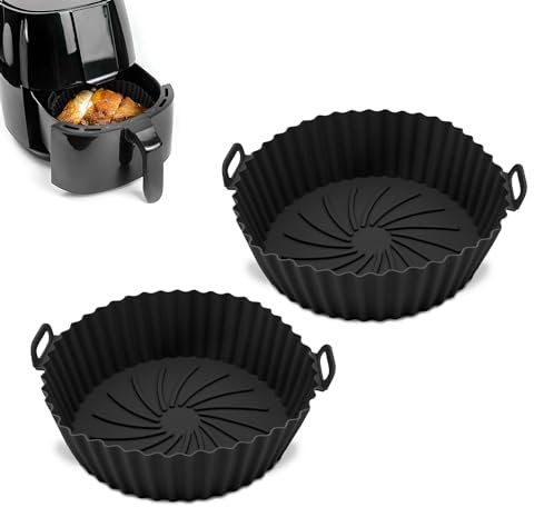 Q Lines® Silicone Air Fryer Liner Round - 2 Pack Reusable Heat-Resistant Pot - Replacement for Disposable Parchment Paper Liners, Greaseproof Kitchen Accessories, Compatible with COSORI, Ninja, Tower