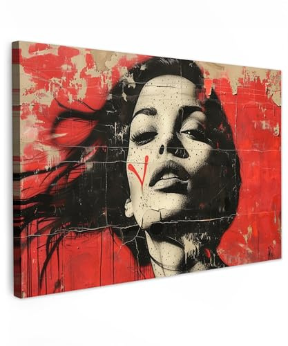 MuchoWow© Leinwandbilder Groß XXL Wall Art Decoration Bilder für die Wand | 120x80 cm - Schlafzimmer Deko Canvas Painting Wanddekoration Wohnzimmer Graffiti - Frau - Rot - Street - Banksy