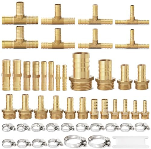 Brass Hose Barb Fittings 1/8 3/16 1/4 5/16 3/8 1/2 3/4'' 1'' Barb x Male BSP Hose Connector Barb Straight Splicer Tee 3 Way Fittings with Hose Clamp for Water Fuel