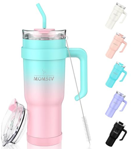 MOMSIV 40oz Thermobecher mit Stroh und Griff, 1100ml Kaffeebecher, Doppelwandiger Edelstahl Vakuum Auslaufsicher Isolierbecher Autobecher für Kalte Heiße Getränke, Grün-rosa