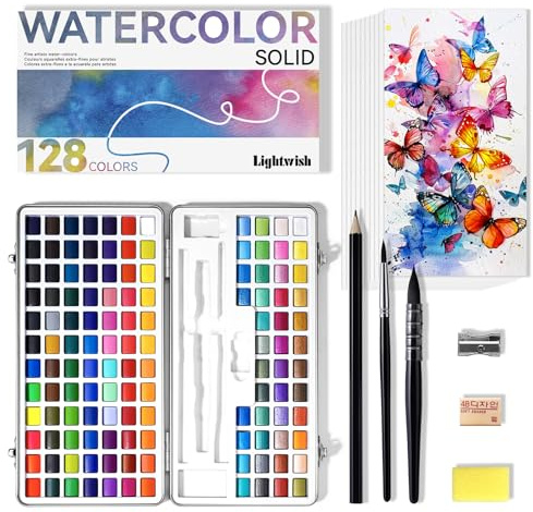 LIGHTWISH Aquarellfarben Set 128 Farben, Aquarellfarben Malset mit Aquarellpapier, Pinsel, Bleistifte, Radiergummi, tragbares Reise-Aquarellset für Anfänger, Künstler