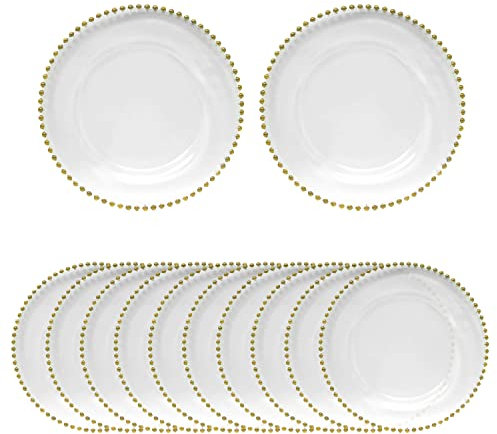Trimming Shop 13-inch Clear Charger Plates with Gold Beaded Rim – Elegant Acrylic Plates for Weddings, Parties, and Table Decorations, Affordable Decorative Dinner for Home & Events, Pack of 12