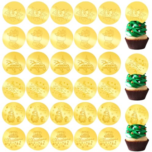 URROMA Cupcake-Aufsätze mit Aufschrift Merry Christmas, 6 Designs, goldfarben, rund, Acryl, Cupcake-Schilder, Weihnachtsmotive, Spiegel-Kuchenscheiben für DIY-Dekor-Zubehör, 30 Stück