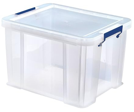 Bankers Box 4x 36L Plastic Storage Boxes with Lids. ProStore Super Strong Stackable Plastic Storage Boxes (31.5 x 47.5 x 38cm), Made in the UK, Clear
