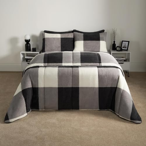 OHS Gingham 10.5 Tog King Size Coverless Duvet, Washable Teddy Fleece Coverless Duvet Travel Camping Duvets Soft Winter Warm Comfy Bedding with Pillowcases - Grey