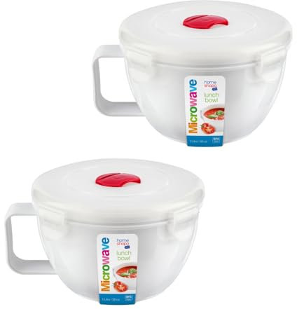 HOMESHOPA 2 Pack of 1 Litre Microwave Ramen Noodle Bowl with Handle & Steam Vent Lid, BPA-Free Plastic Porridge Cooker Pot, Portable Salad & Soup Mug for College, Home, Office, Dishwasher Safe