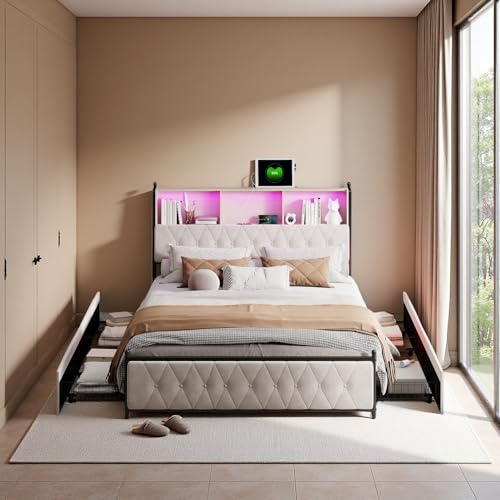 Plcnn Bett 140x200 cm mit Lattenrost, Doppelbett mit LED und USB-Aufladung, Gepolstertes Bett mit 4 Schubladen, Kopfteil mit Aufbewahrung, für 2 Personen für Erwachsene, Jugendliche, Samt, Beige
