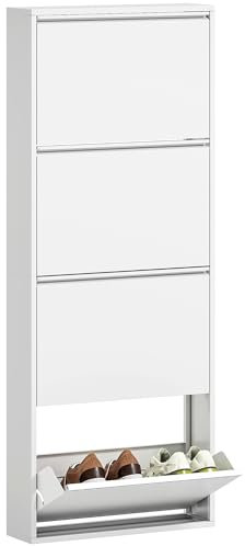 HOMCOM Schuhschrank Metall mit 4 Klappen Schuhkipper Schmal Schuhkommode Schuhregal Schuhablage Wandmontage für 8 Paar Schuhe 55 x 15 x 139,5 cm Weiß