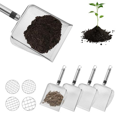 Tamiz de jardín de acero inoxidable, 4 piezas de 5 pulgadas de ancho, tamiz de suelo de 2 mm/2,8 mm/3,8 mm/5 mm, pala de tierra de jardín multiapertura para jardinería, arena, tierra, compost