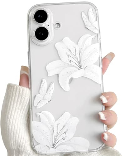 NITITOP Skal för iPhone 16 Sött Transparent Lilja Blomma Mönster Blommig Fjäril Design Aestetiskt för Kvinnor Tjejer Genomskinligt Klar Mjukt TPU Stötsäker Skyddande Fodral - Vit