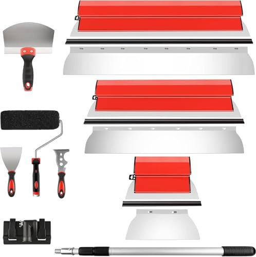 DEKEones Trockenwand Skimming Blade Set mit Skimming Blades, Compound Rolle, Taping Messer und Verlängerungsgriff zum Glätten von Wand und Decke (25+60+80CM mit Beschichtungsroller)