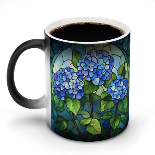 Jubonexis Hydrangea Flowers Blue Petals Green Leaves Color Changing Mugs Heat Changing Ceramic Coffee Mug Novelty Funny Tea Water Cup 11OZ