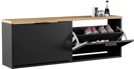 Planetmöbel 2 x Schuhschrank schmal mit 1 Klappe platzsparender | Schuhregal, mit 2 Ablagen, Schuhkommode für Diele, Flur, Garderobe 60 x 23 x 42,5 cm, schwarz