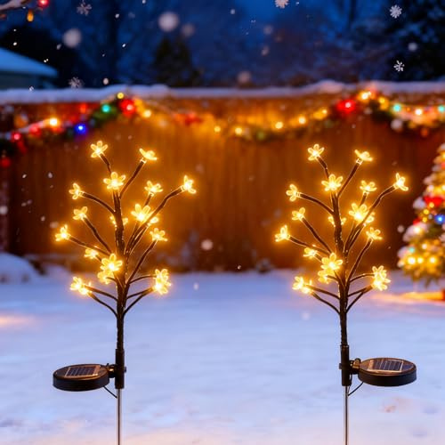 Quintrost Luces Solares Jardín Exterior, 2 Piezas Luz Solar de Flores de Cerezo LED, Lámparas Solares Decorativa IP65 Impermeable, Decoración para Patio, Césped, Boda, Fiestas, Navidad, Blanca Cálida