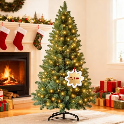 Ferzone 210cm Grün Künstlicher Weihnachtsbaum mit 250 LED Beleuchtung&820 PVC Zweigen, Großer Tannenbaum mit Metall Ständer für Zuhause, Büro und Geschäft