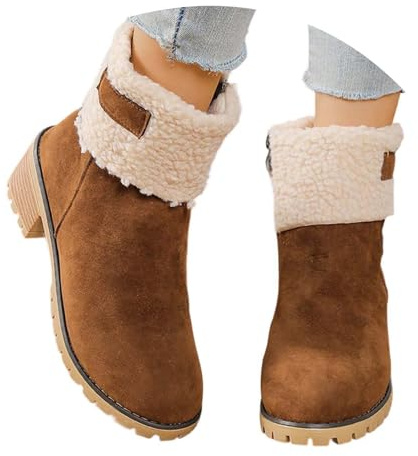 Generisch Womens Mid Calf Warm Winter Faux Suede Retro Chunky Heel Side Zipper Casual Outfits Comfortable Ankle Boots, khaki, 9 UK