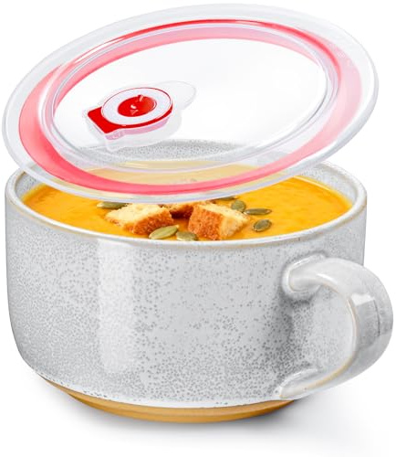 NUTRIUPS Ceramic Soup Bowls with Handles, 900ml Microwave Soup Mug with Lid, Soup Cup & Container with Handles, for Cereal, Ramen, Noodle, Oatmeal (Fog Blue with Lid)