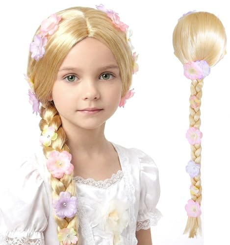 MLPKOI Rapunzel-peruker, barnperuk blond, prinsessperuk cosplay barn, barnperuker för flickor, långhårig peruk flätor, rapunzel-kostym för halloween karneval party maskboll