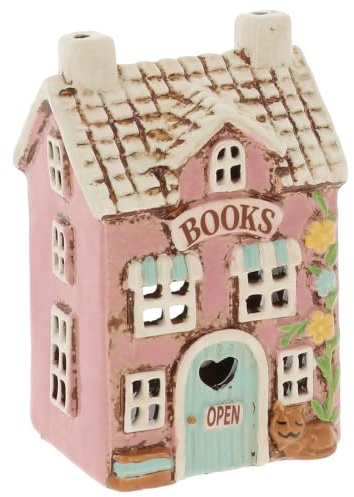 Shudehill Giftware Village Pottery Book Shop Tealight Holder | Floral pastel building with cut out windows for a cosy glow.