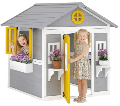 Outsunny Wooden Playhouse for Kids Outdoor Wendy House with Doors, Windows, Plant Pots, Boxes, for 3-8 Years - Grey