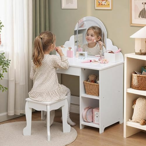 GarveeMore Kinderschminktisch mit Spiegel und Hocker, Robustes Holz Schminktisch Mädchen mit Beleuchtung & Spielzeug-Schminkset, Wellenrand Kosmetiktisch Kinder Möbel 3-9 Jahre, Weiß